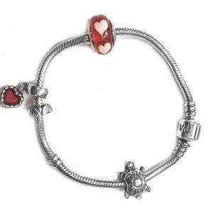 Pandora Snake Chain Bracelet w/ 3 Charms in Silver